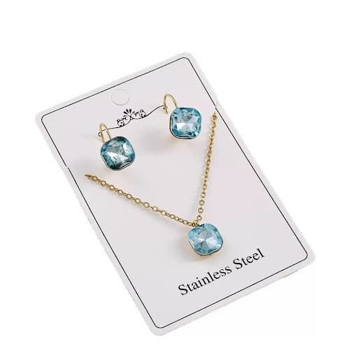 Conjunto Brincos Feminino E Colar Ouro Azul Claro Zircônia e Inox Luxo