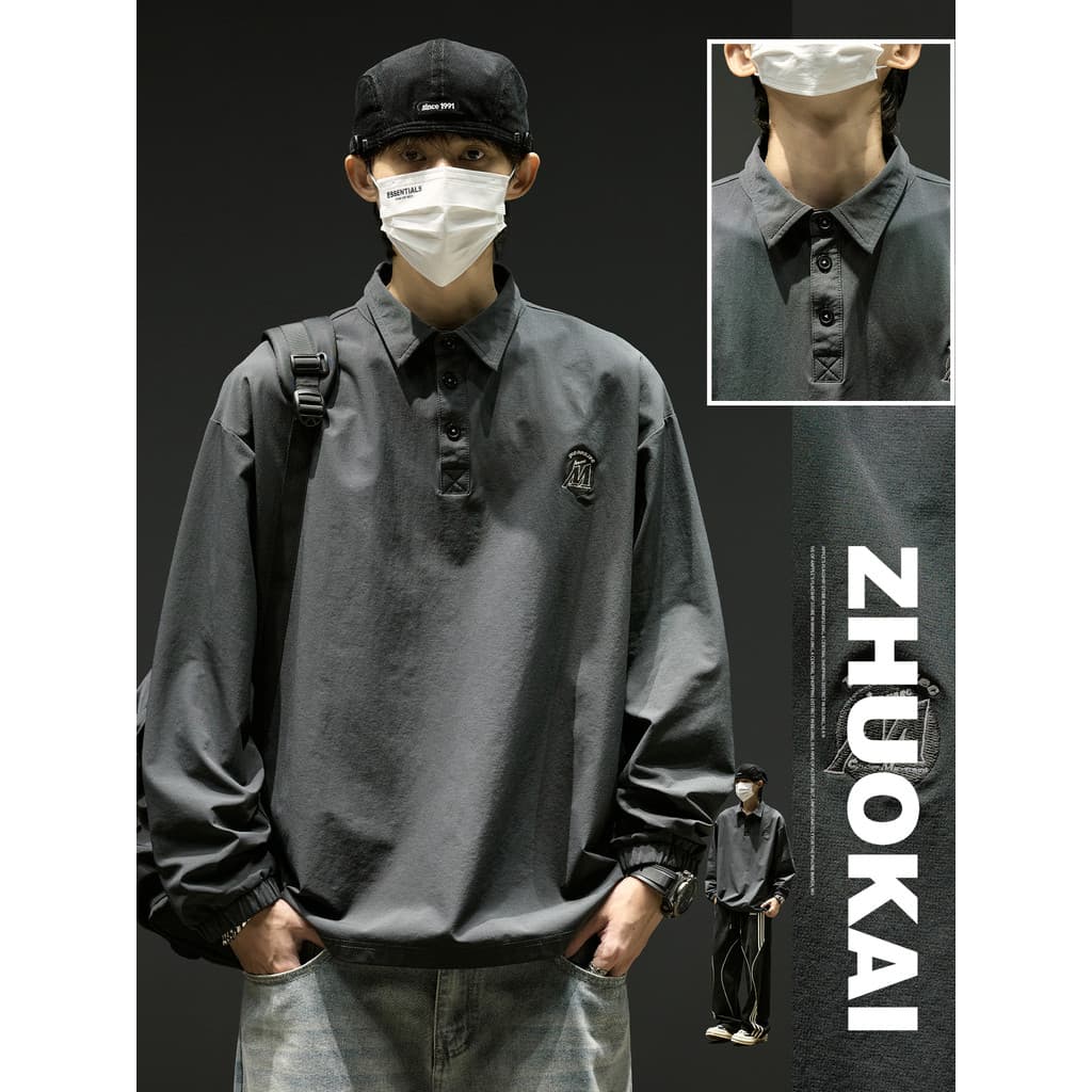Camisa polo de manga de ombro caído masculina outono High-End manga comprida camiseta meninos macacão americano roupas o
