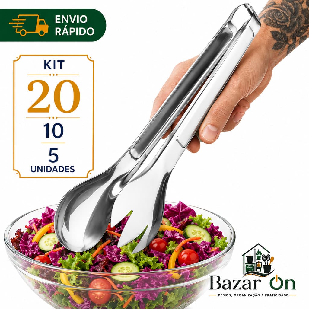 Kit 20/10/5 Pegador de Salada Massas Legumes Verduras Multiuso Inox Pinça P/ Servir Utensílios 20cm