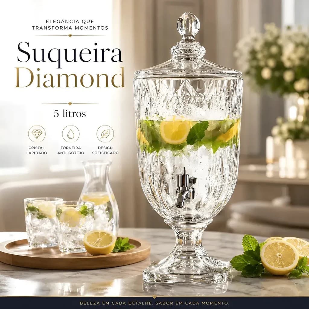 Suqueira Dispenser De Vidro Diamante 5 Litros Com Torneira E Tampa Para Sucos Água Aromatizada Drinks Festas Eventos