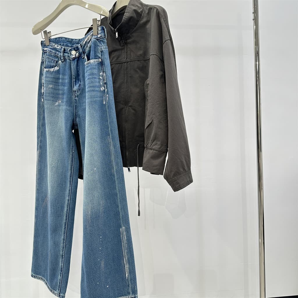 Splash Ink Distressed Silver Paint American Wide-Leg Jeans Mulheres Primavera Único Moda Solta Casual Preguiçoso Calças