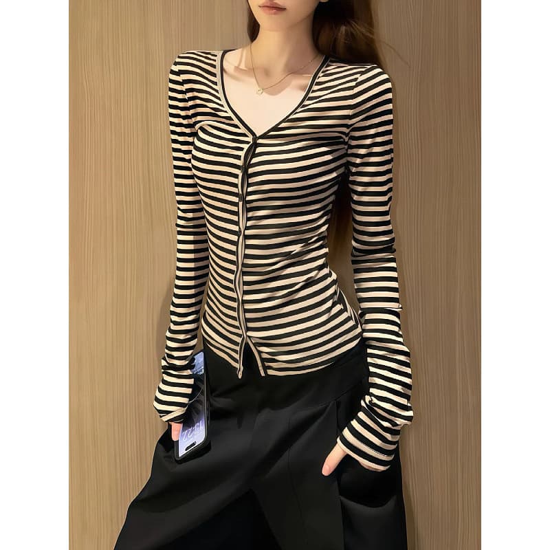 Plus Size feminino estilo coreano estilo Retro nicho listrado Cardigan com decote em V manga comprida camiseta feminina