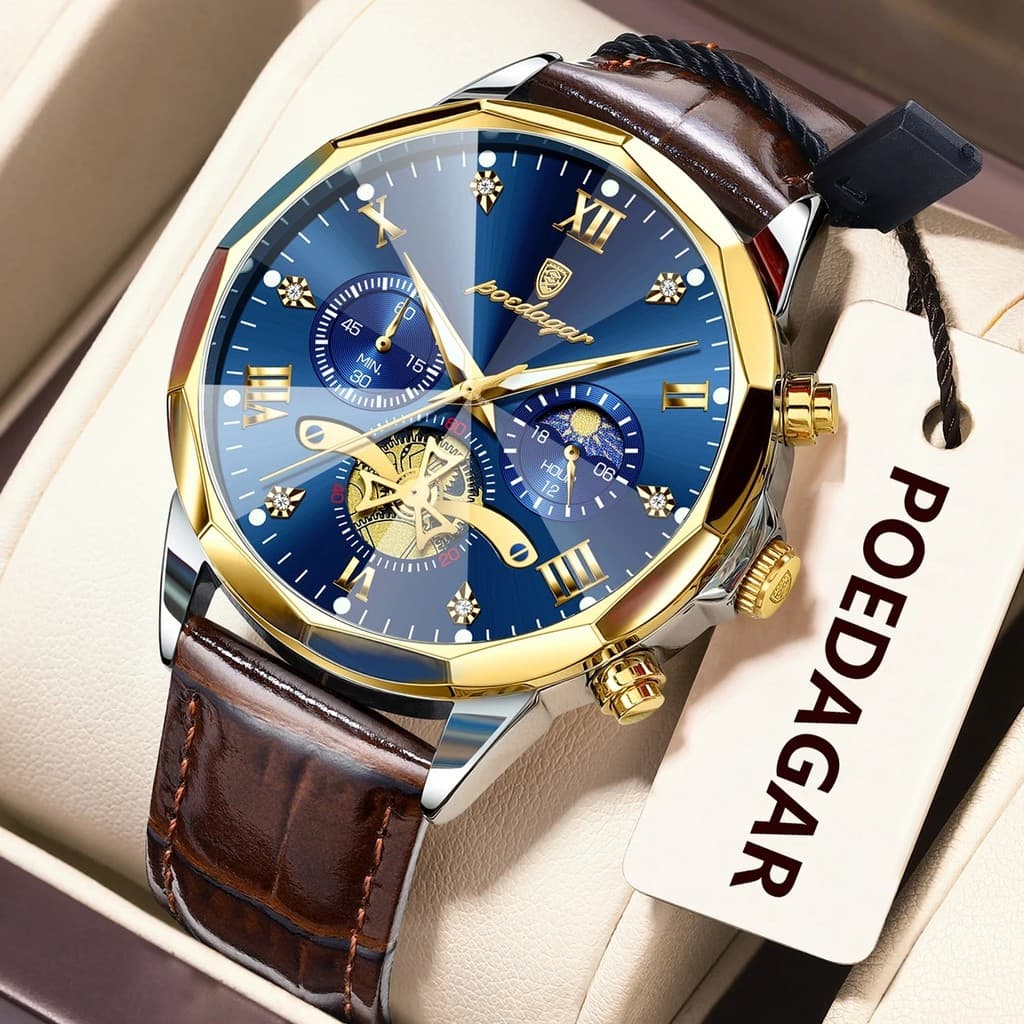 POEDAGAR Relógio De Quartzo Cronógrafo Luminoso À Prova D'água De Couro Luxuoso Reloj Para Homens