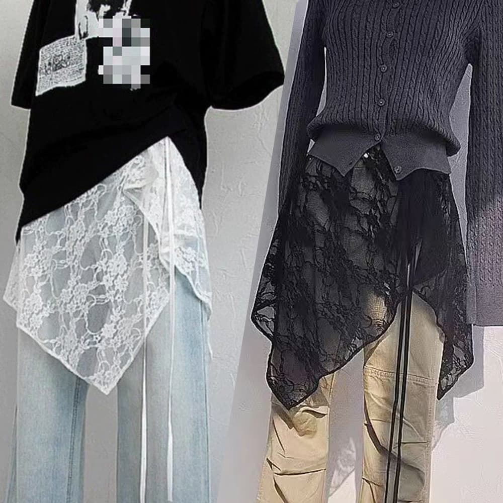 Saia de renda e gaze Y2k com bordados em patchwork, saia vintage irregular com detalhes vazados para mulheres.