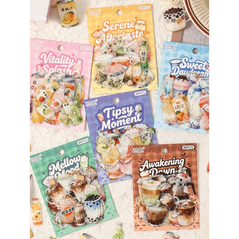 Descrição de bebidas Série flutuante Manual PET Pacote de adesivos Tema de bebidas de desenho animado Retro Leite Chá Be