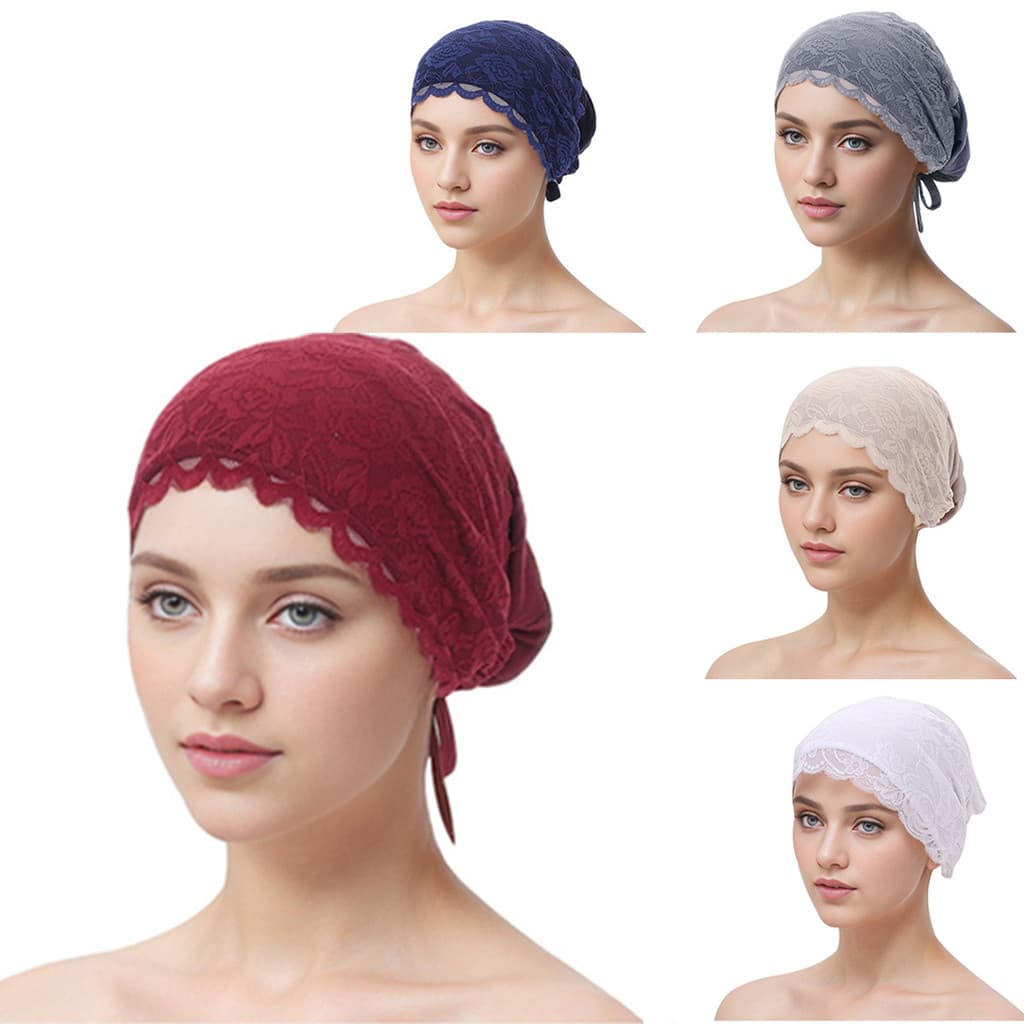 Boné turbante cabeça boné mercerizado algodão atado elástico boné de fundo Tether ajustável renda borda lenço boné