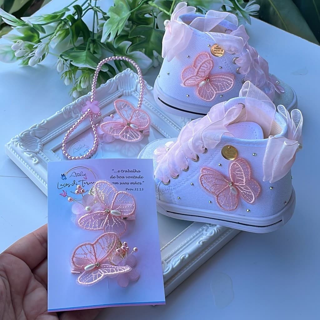 Tênis Menina Jardim das Borboletas Rosa ou Lilás Sapatinho + Par de Presilha + Prendedor Laço Festa