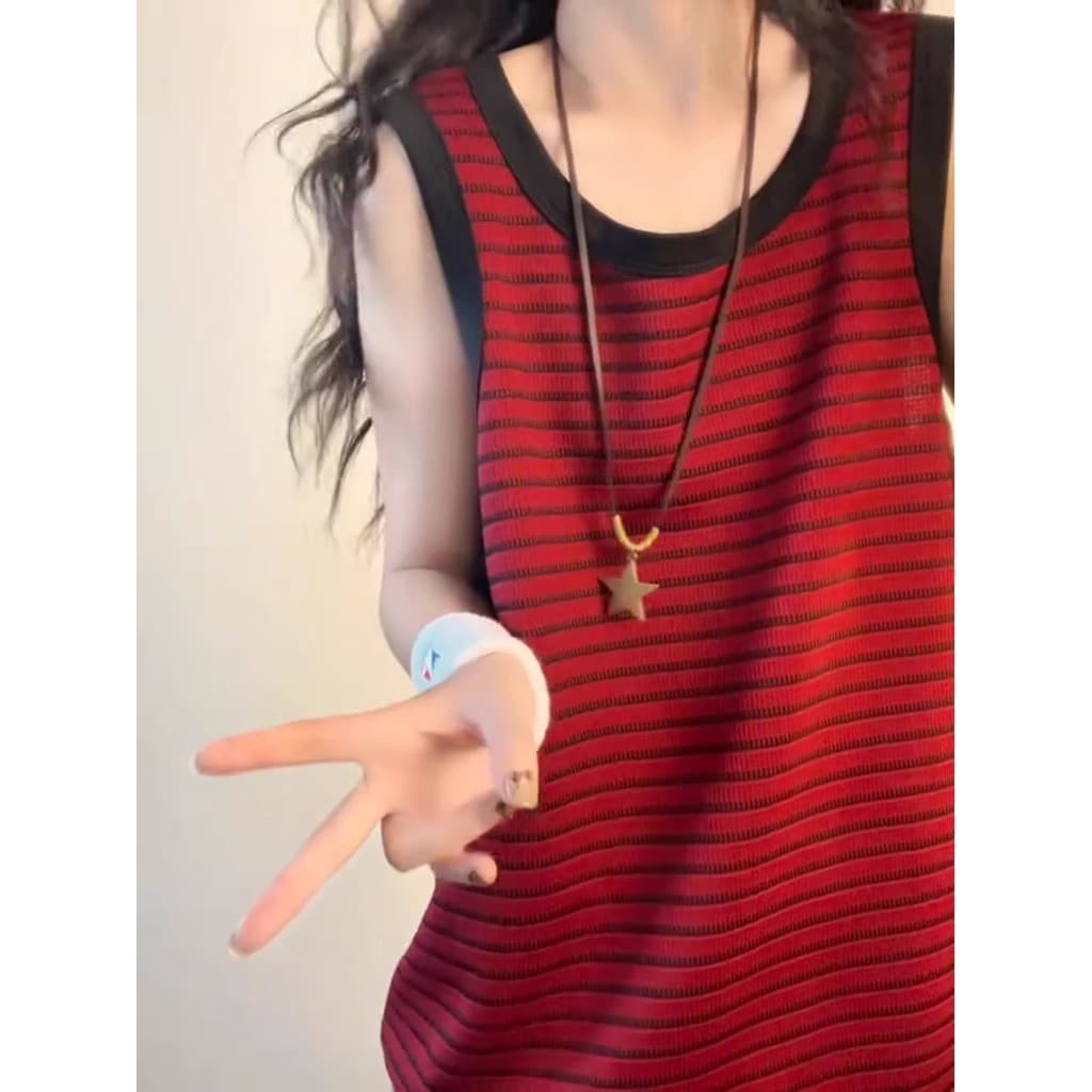 Estilo americano contraste cor listrado colete masculino feminino verão pesado rufião bonito sem mangas camiseta exterio