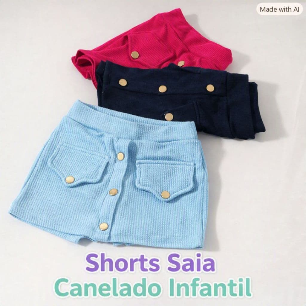 Shorts Saia Infantil Canelado Blogueirinha Verão Menina 4 ao 10 Poliester Confortável