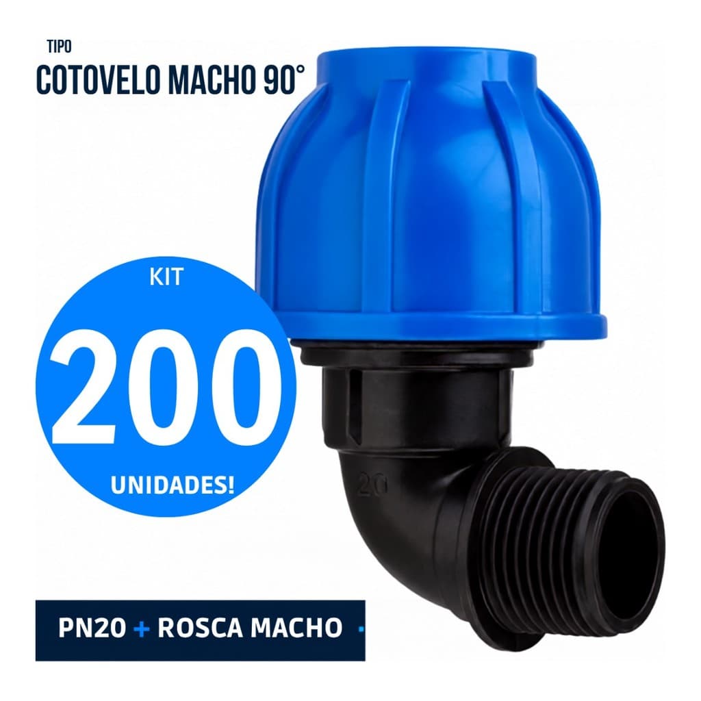 Kit 200 Cotovelos Macho de Compressão PEAD 32mm x 1 PN20 Pietrobon - Joelho 90° com Rosca Macho para Tubo PEAD Água Fria