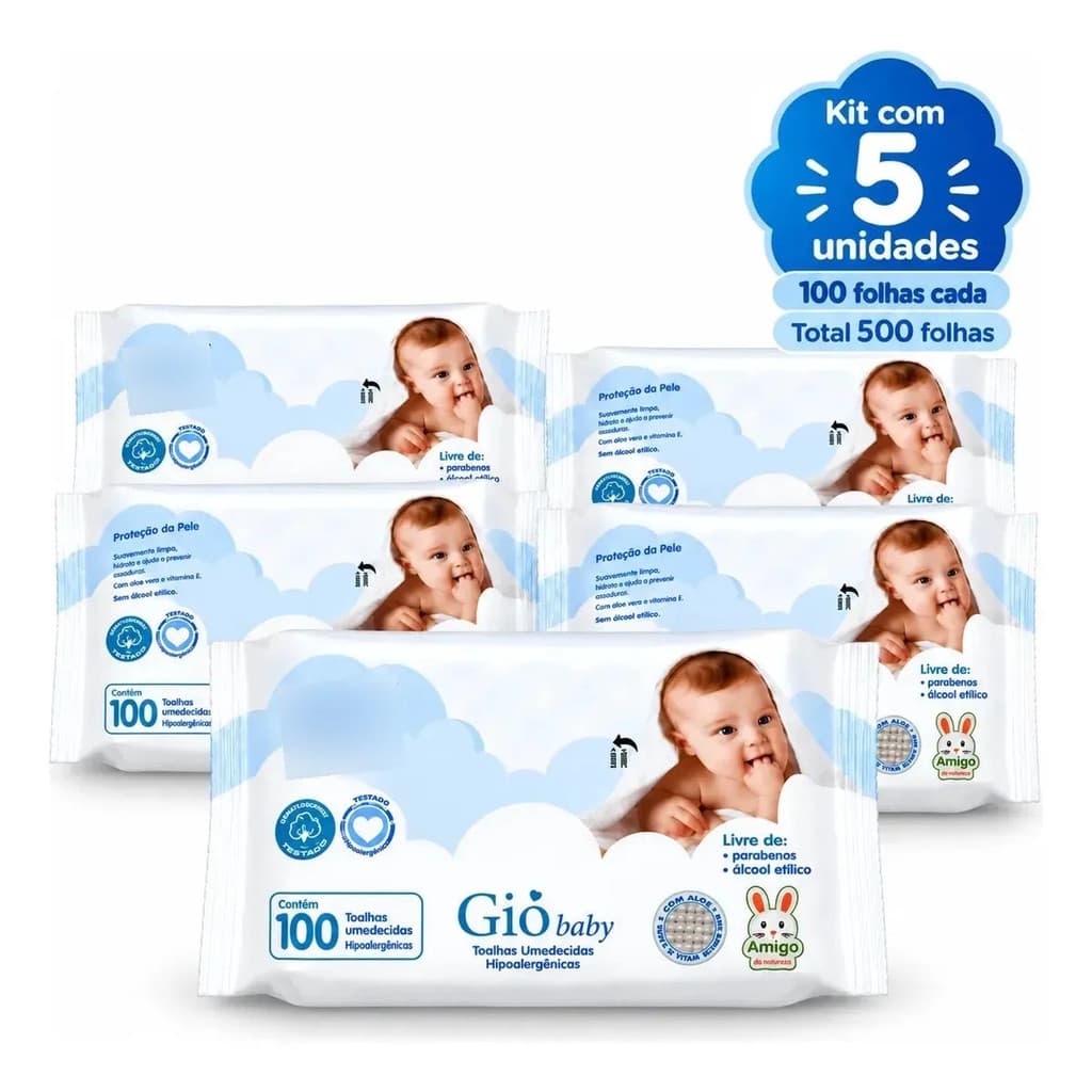 Kit 5 Lenços Umedecidos Gio Baby Hipoalergênicos 100 Folhas