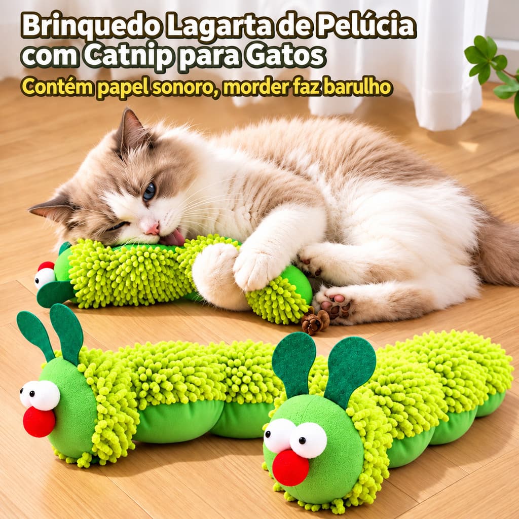 Brinquedo Para Gatos Pelucia Lagarta Com Catnip Matatabi Papel Crocante Almofada Chutar Mordedor Alivia Tedio