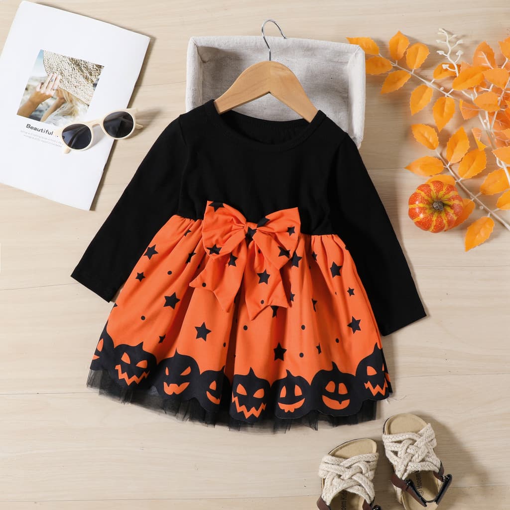 Meninas Halloween Vestido de Manga Comprida Preto Laranja Cor Combinando Grande Arco Estrela Abóbora Gaze Vestido de Pri