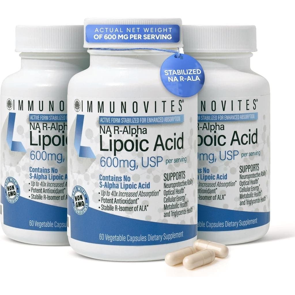 IMMUNOVITES Pacote com 3 Frascos de Ácido R-Alfa Lipóico Estabilizado ((Verdadeiro)) 600mg por Porção [[ e absorção até