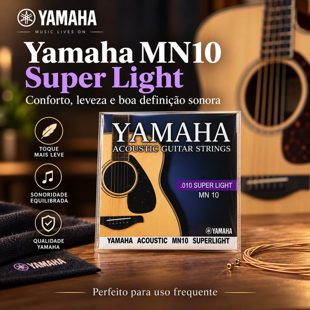 Encordoamento Violão Aço Yamaha MN10 Super Light 010-047 6 Cordas Acústico Som Brilhante e Confortável