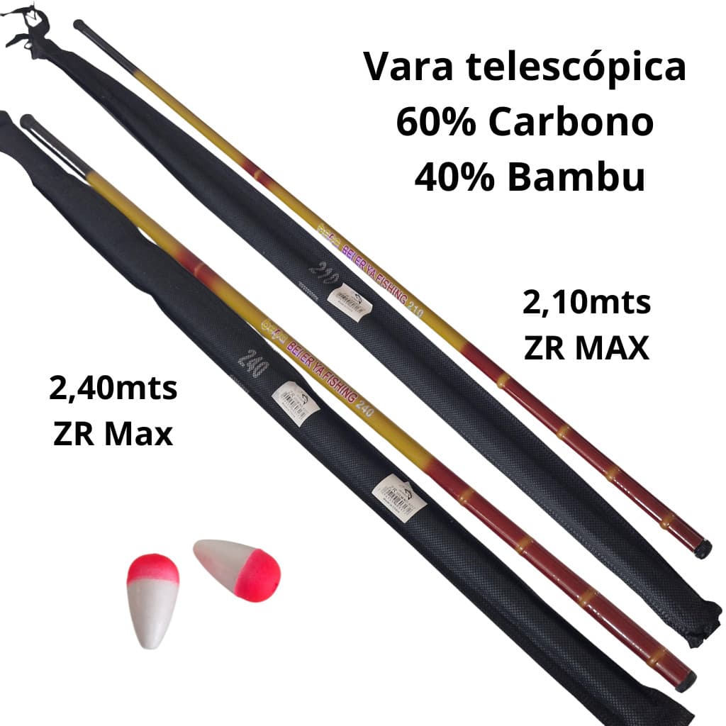 Kit 02 Varas Telescópicas 40% Carbono Bamboo ZR Max 2,10m e 2,40m