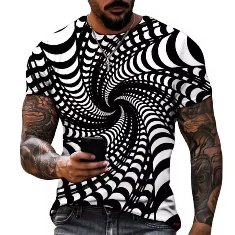 Camiseta Padrão De Ilusão Óptica Para Homens Retro 3D Impresso Camisetas Verão Casual Solto Harajuku T Camisas O-Pescoço