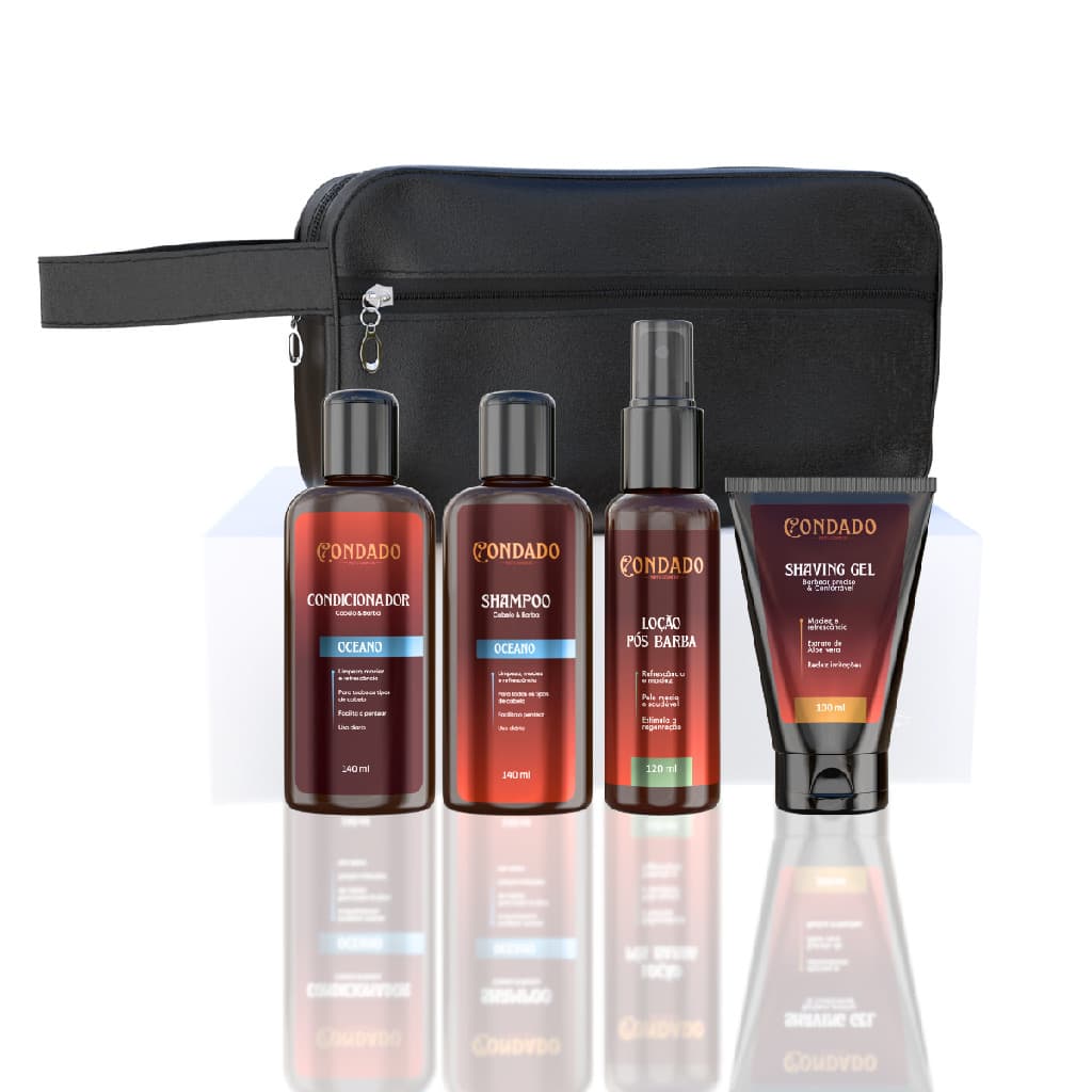 Kit Barbear Masculino Oceano Shampoo Condicionador Gel Loção Necessaire Preta Barba Cabelo Bigode
