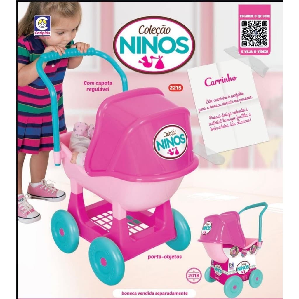 Carrinho de Boneca Ninos Rosa Cotiplás Menina Brinquedo