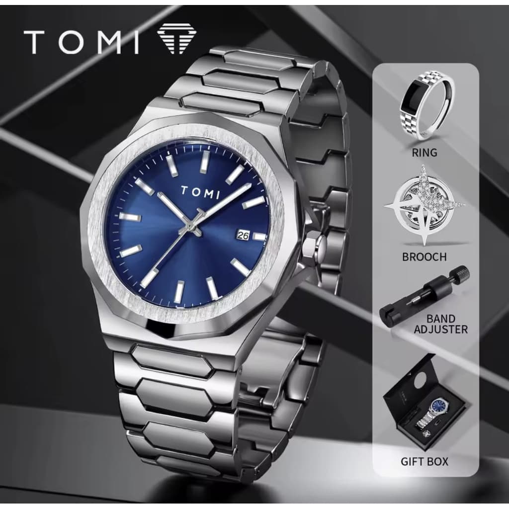 Relógio Masculino Luxo Tomi Aço Inoxidável Prova D'água + Kit Presente (Anel e Broche)