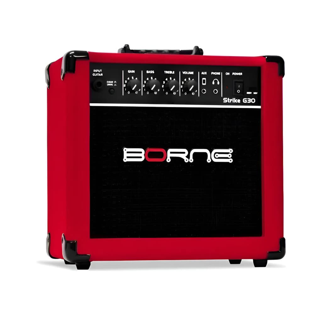 Amplificador Borne Strike G30 Vermelho Guitarra Cubo Bivolt Canais Drive Auxiliar Celular