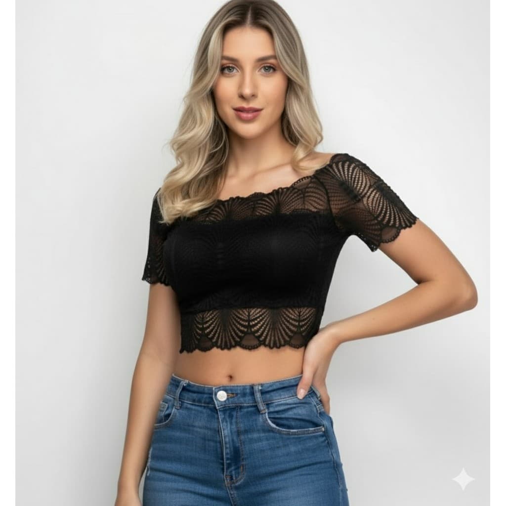 blusa cropped feminino renda ombro a ombro bojo manga curta