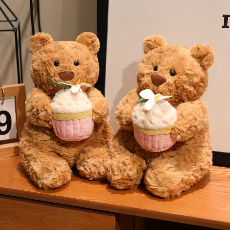 Bonito Urso De Pelúcia Brinquedo Marrom Segurando Cupcake Plushies Macio Animal Boneca Presentes De Natal