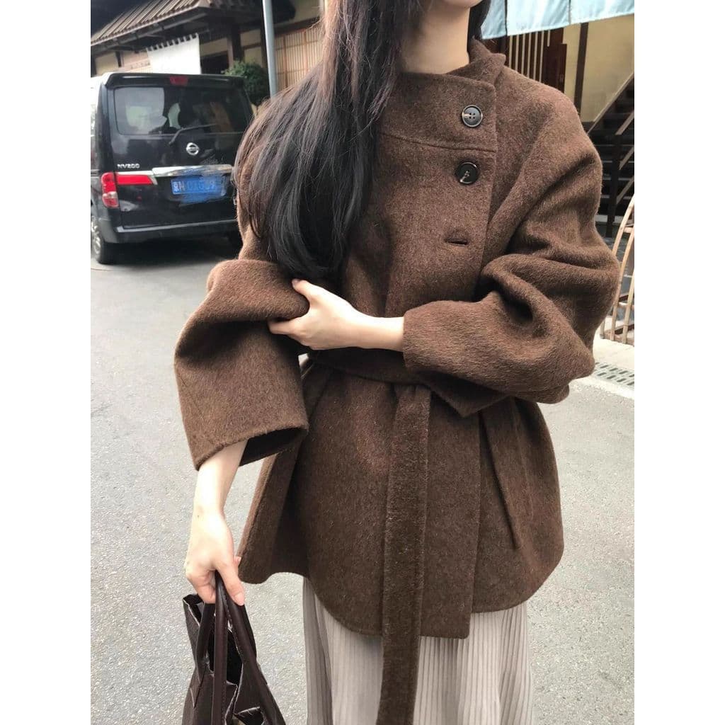 Casaco de lã marrom, modelo de moda outono e inverno 2025, casaco curto feminino de dupla face, moda de alta qualidade Y