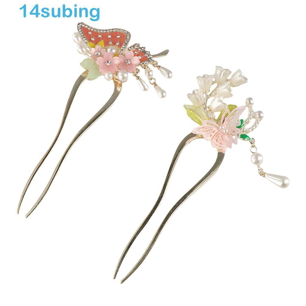 SUBING Garfo De Cabelo Em Forma De U , Bastão Clássico Elegante Com Borla De Pérola , Grampo Flores De Borboleta De Meta