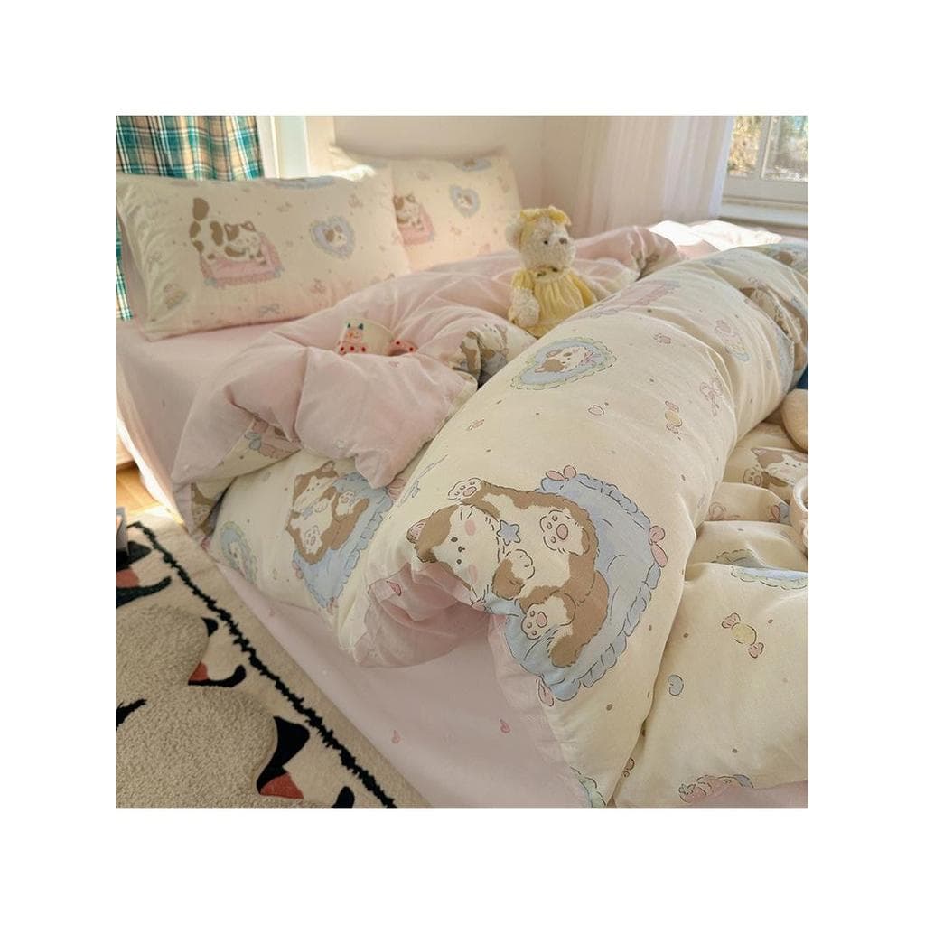 Ins algodão estilo dos desenhos animados cama conjunto de quatro peças fresco bonito puro algodão colcha capa folha dorm