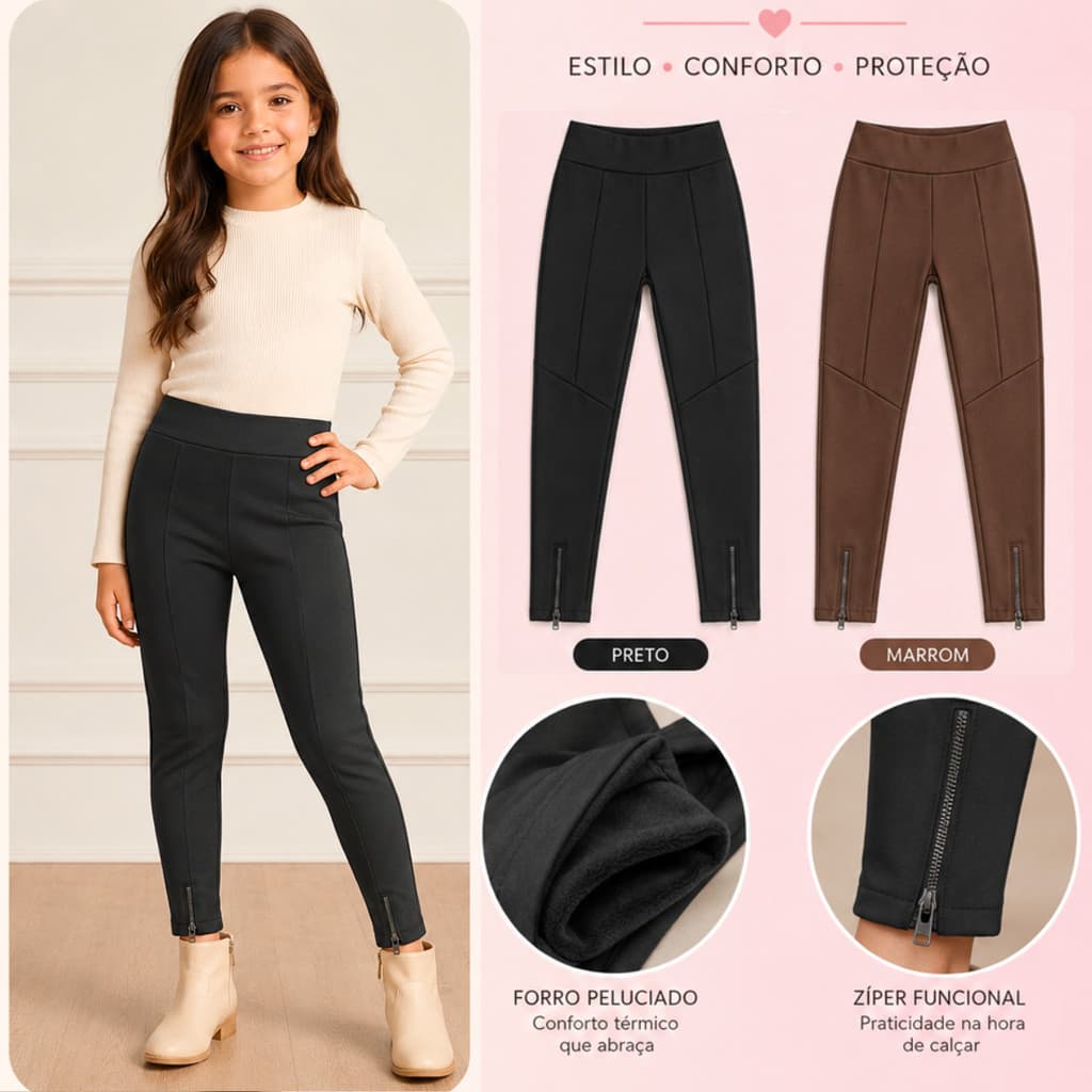 Calça Legging Infantil Peluciada Grossa com Zíper Inverno Cintura Alta Térmica Menina Tam 2 ao 10