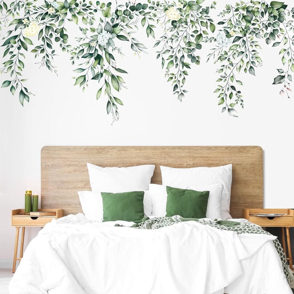 Adesivos de Parede com Folhas Verdes, Decoração de Parede com Flores e Videiras Penduradas, Adesivos Florais de Plantas