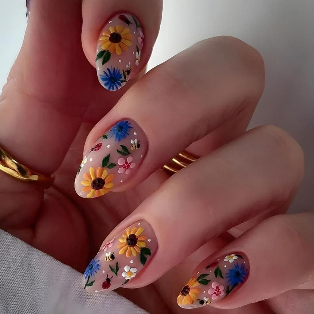 Unhas Postiças para Mulheres, Curtas, com Flores, Estilo Francês, Pontas em Forma de Amêndoa, Unhas de Acrílico, 24 Peça