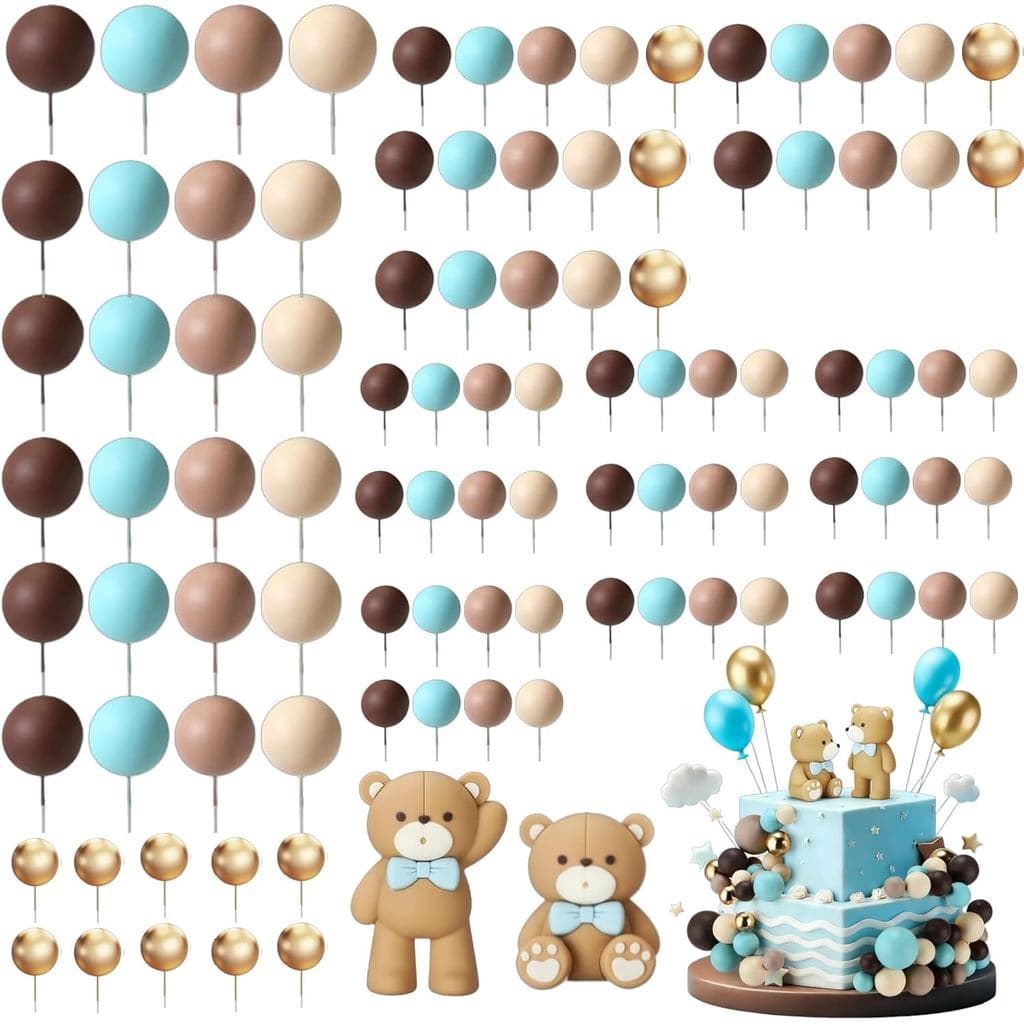 101 Peças de Topper de Bolo em Forma de Urso Azul, Marrom, Dourado, Cáqui, Mini Bolas de Espuma para Decoração de Bolos