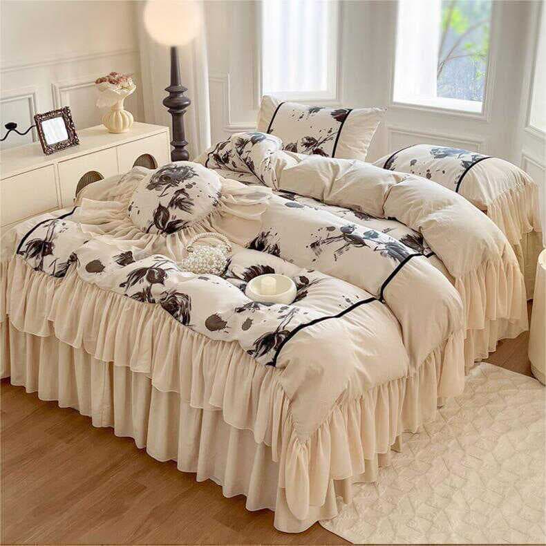 Conjunto de cama de quatro peças 100% algodão Vintage capa de edredão algodão saia estilo princesa babados pele-amigável