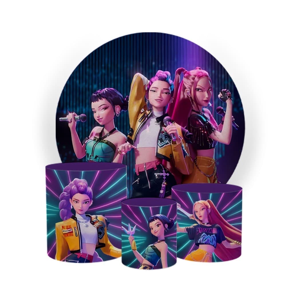Painel de Festa Redondo com Trio de Capas+ Capa Painel Tecido Premium Sublimado  Guerreiras Kpop
