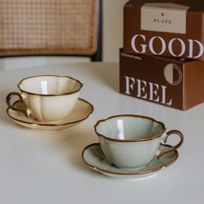 Xícara e pires de café vintage minimalista com estampa de hibisco, xícara de latte, xícara de cappuccino, para uso domés