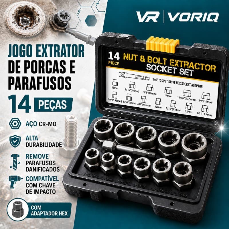 Kit 14 Peças Extração de Parafuso Quebrado Porca Espanada Carro Conjunto Impacto Extrator Com Adaptador Sextavado