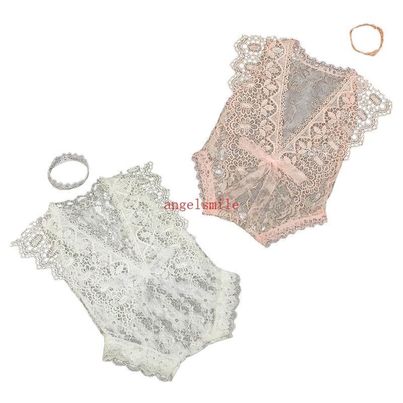 2 Pçs Conjunto 0-1 Mês Recém-Nascido Fotografia Adereços Bebê Coroa Bandana Renda Oco Para Fora Macacão Bodysuits Ro