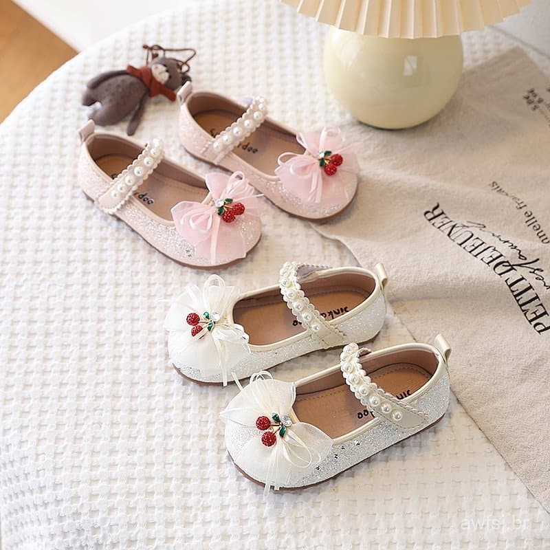 Meninas Glitter Sapatos Bonito Dos Desenhos Animados Cereja Laço Arco-Nó Crianças Princesa De Couro Casuais Apartamentos