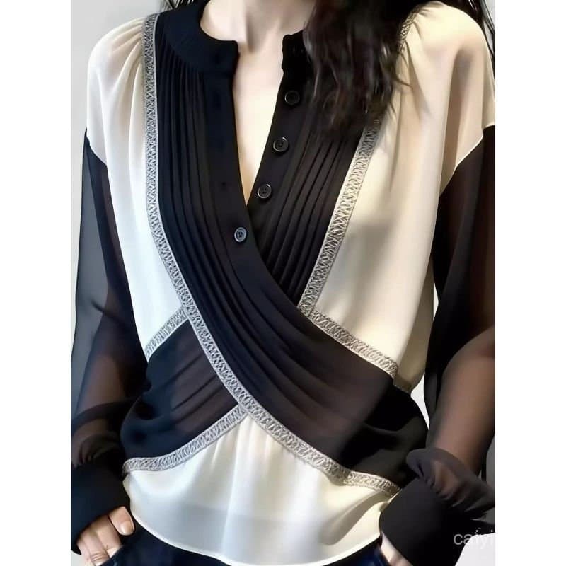 Camisa de manga longa com costura em malha e contraste de cores ao redor do pescoço, estilo novo DEPC