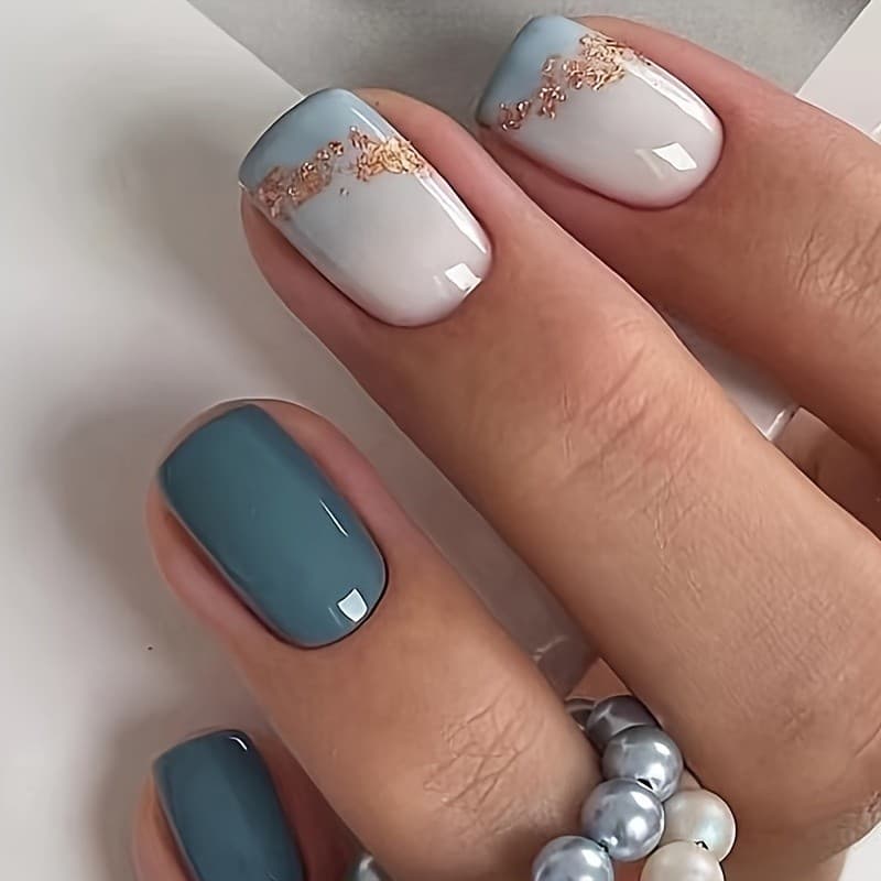 Atualize seu estilo estrela remendo de unhas vestível 24 peças curto quadrado azul gradiente mar azul folha de ouro prim