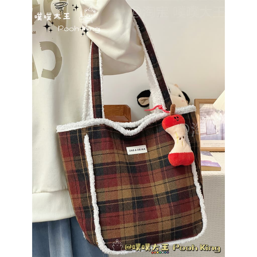 Outono inverno grande capacidade lã de cordeiro bolsa de ombro estilo japonês ins estilo All-Match xadrez saco feminino