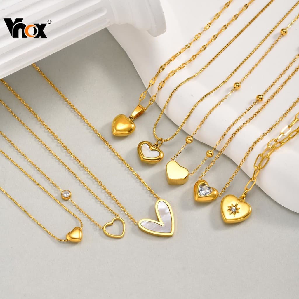 Colar Vnox em Forma de Coração com Pérola e Zircônia Cúbica, Hipoalergênico, em Aço Inoxidável Banhado a Ouro, Joia Pres