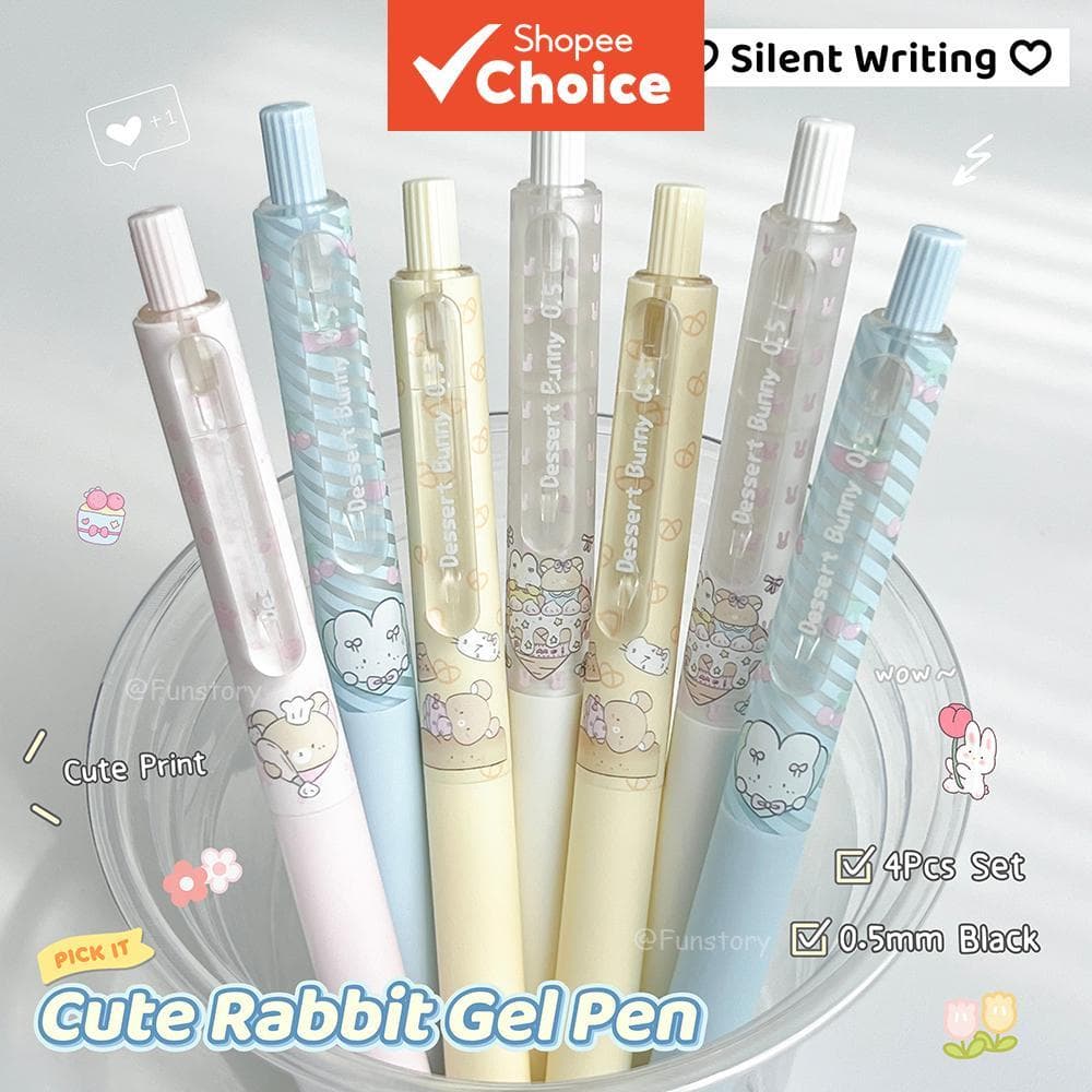 Conjunto De Canetas De Gel Fofas 4 Peças Coelho Diversão Sobremesa 0.5 Mm Caneta Silenciosa De Animal Criativo De Secage
