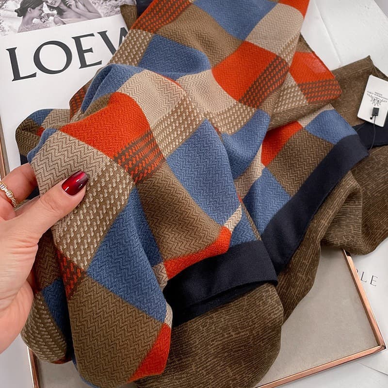 Costura cor quente verificado algodão linho cachecol feminino primavera verão estilo fino cor café cor laranja estilo lo
