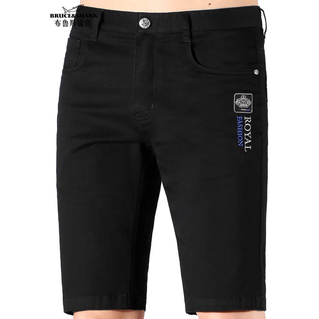 Calças de brim pretas masculinas de verão Blues Shark Shorts bordados masculinos soltos calças retas de cinco pontos