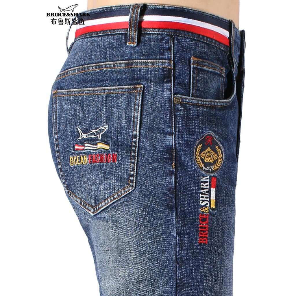 Outono inverno calças de brim masculinas grossas soltas calças retas Bruce Shark Plus Size masculino Street Wear calças