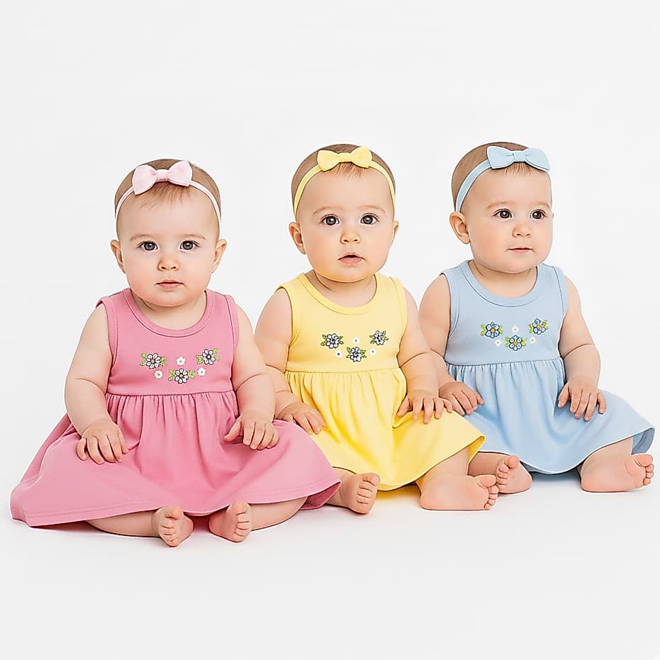 Kit 3 Vestidos Infantil Bebê Menina Liso Super Confortável + Tiara