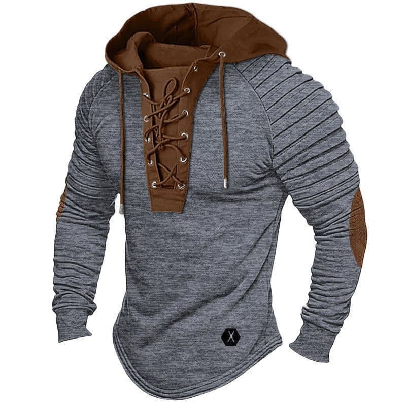 Camiseta masculina de manga comprida com capuz e cordão ajustável, em cor sólida.